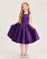 Purple Satin A-line Junior Bridesmaid Dress Front View