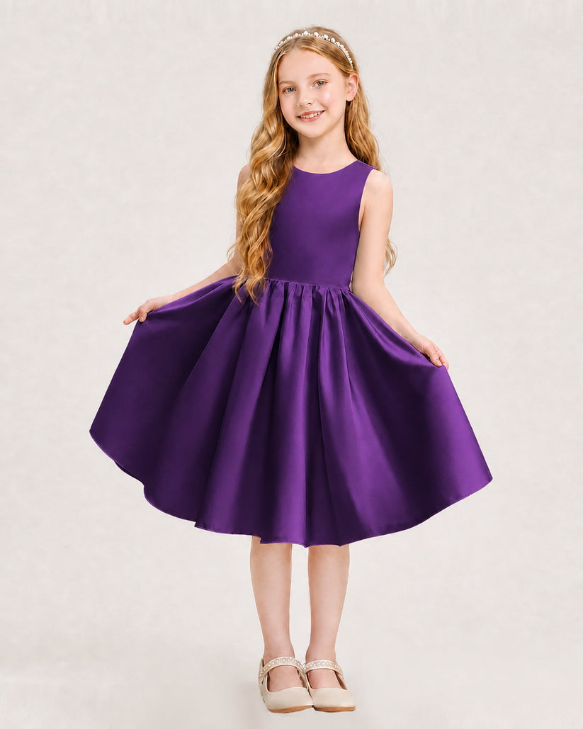 Purple Satin A-line Junior Bridesmaid Dress Front View