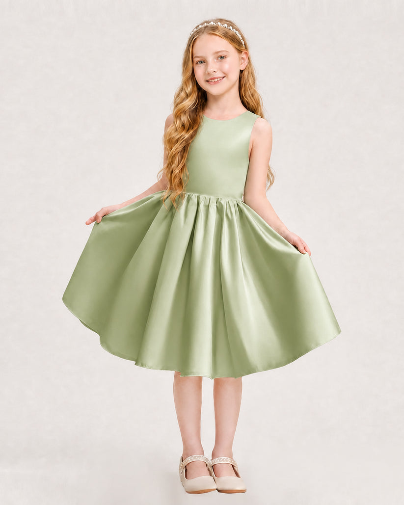 Sage Green Satin A-line Junior Bridesmaid Dress Front View