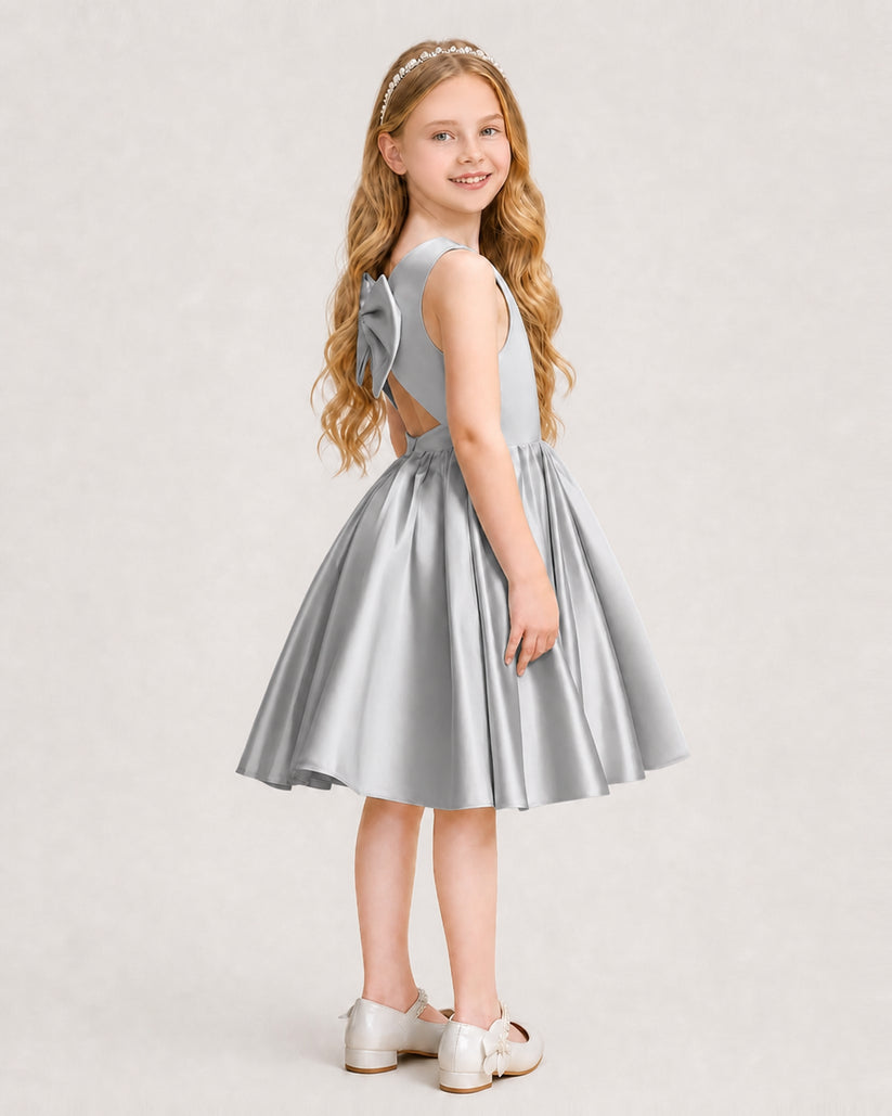 Silver Satin A-line Junior Bridesmaid Dress Side View