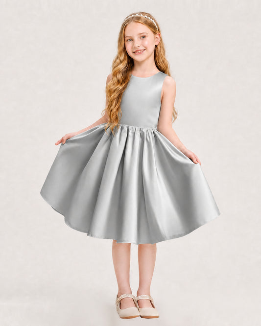 Silver Satin A-line Junior Bridesmaid Dress Front View
