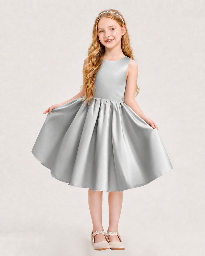 Silver Satin A-line Junior Bridesmaid Dress Front View