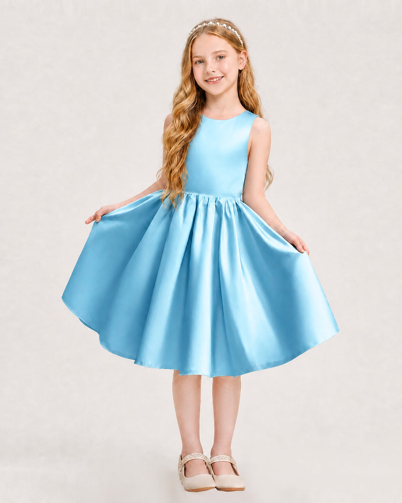 Sky Blue Satin A-line Junior Bridesmaid Dress Front View