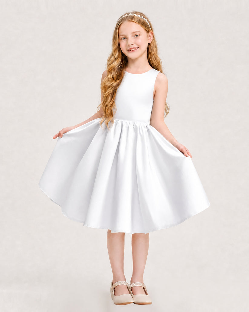 White Satin A-line Junior Bridesmaid Dress Front View