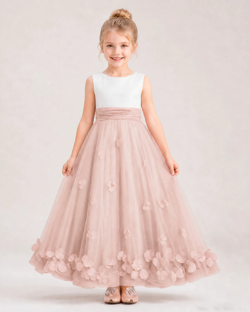 Blush Pink Tulle A-line Girls Formal Dress Front View