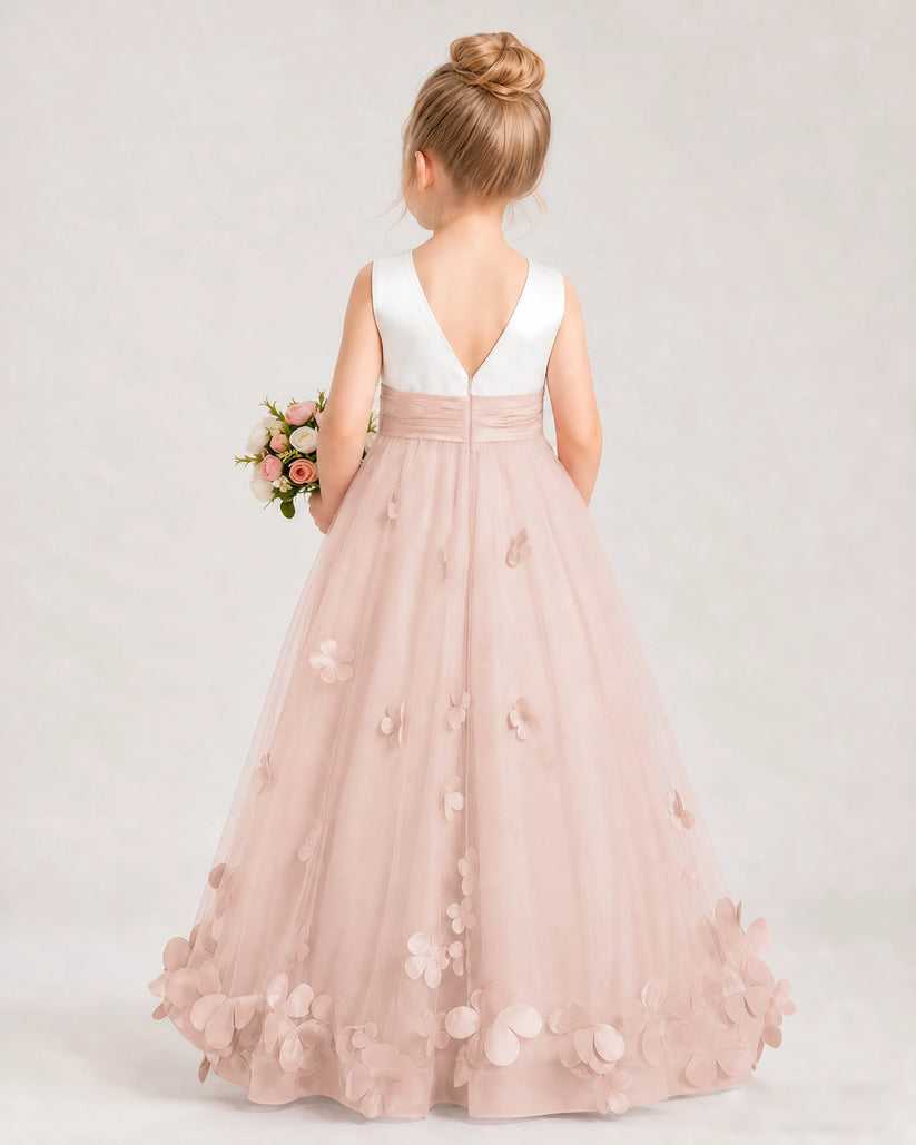Blush Pink Tulle A-line Girls Formal Dress Back View