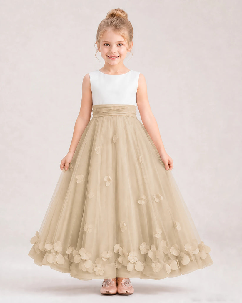 Champagne Tulle A-line Girls Formal Dress Front View
