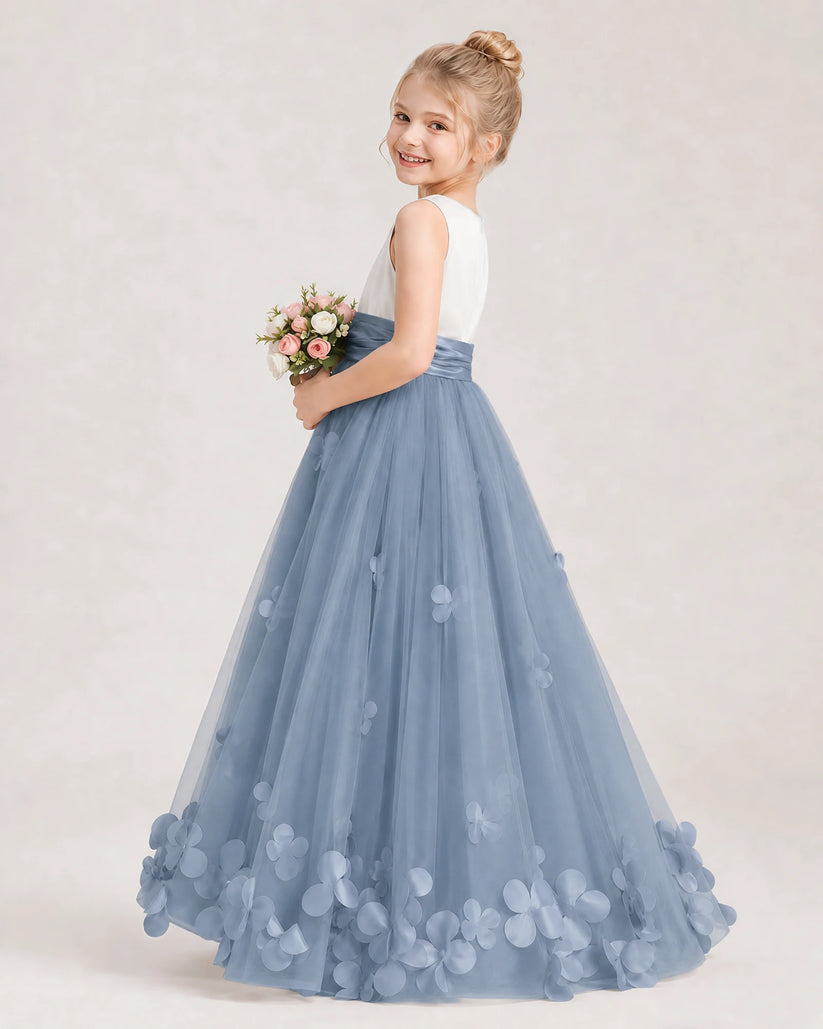 Dusty Blue Tulle A-line Girls Formal Dress Side View