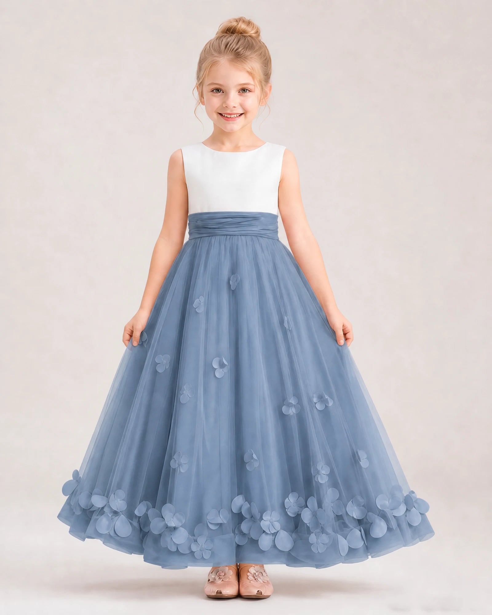 Dideyttawl Satin and Tulle Formal Dress for Girls with 3D Petals, Dusty Blue / 10