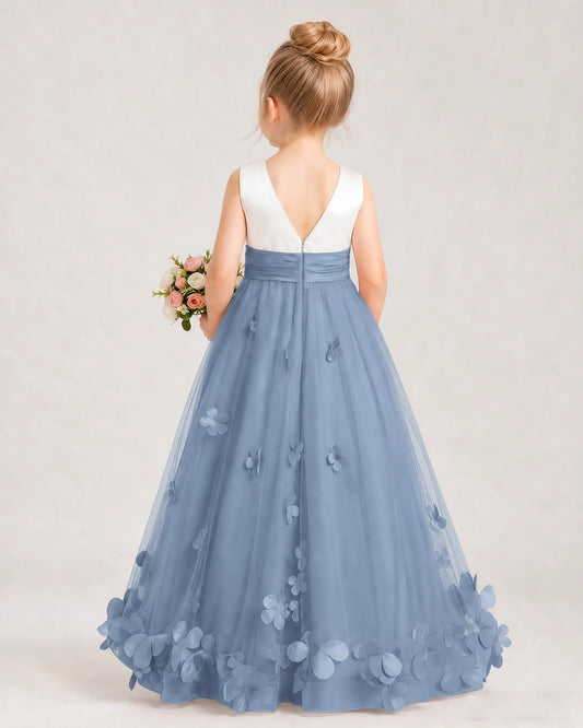 Dusty Blue Tulle A-line Girls Formal Dress Back View