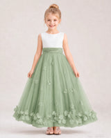 Sage Green Tulle A-line Girls Formal Dress Front View