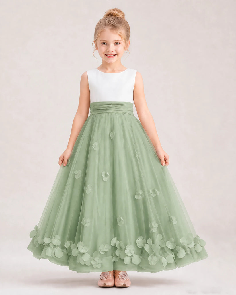 Sage Green Tulle A-line Girls Formal Dress Front View