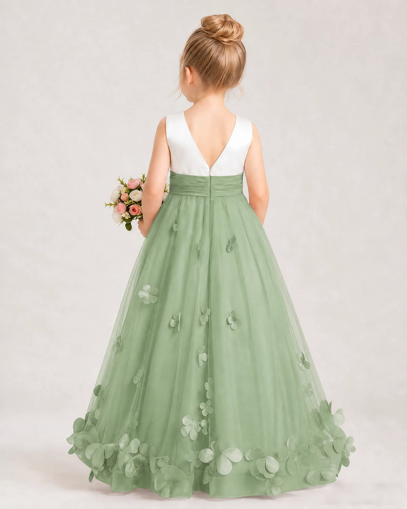Sage Green Tulle A-line Girls Formal Dress Back View