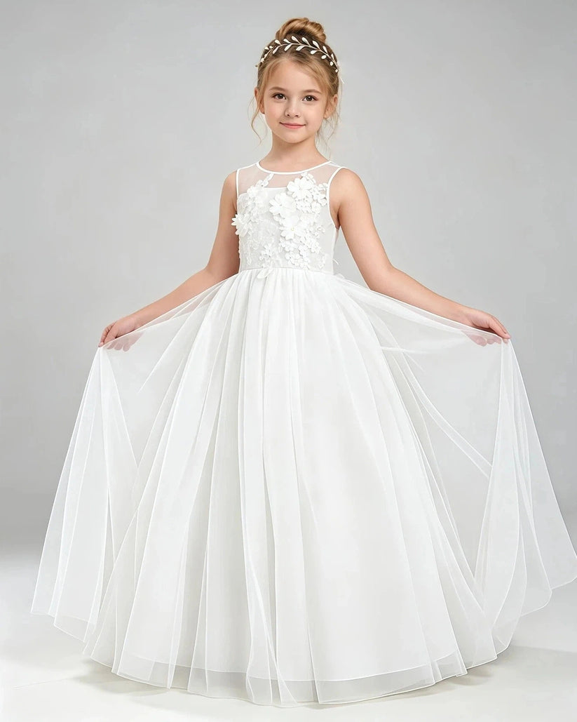 Ivory Tulle A-line Flower Girl Dress Front View