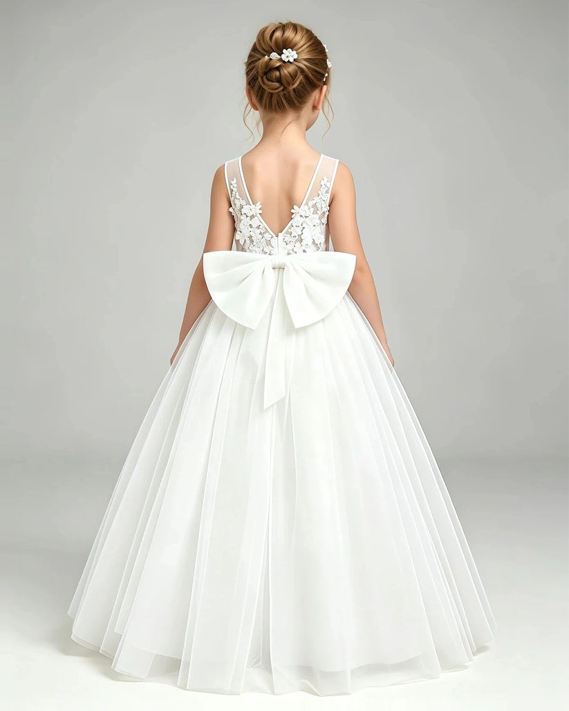 Ivory Tulle A-line Flower Girl Dress Back View