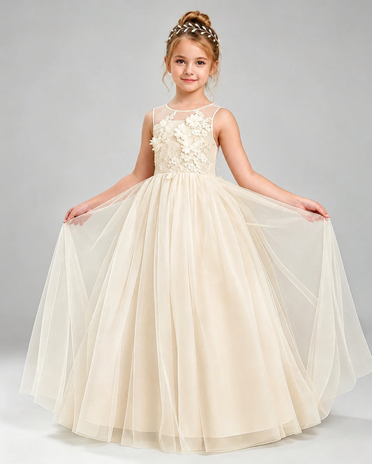 Champagne Tulle A-line Flower Girl Dress Front View