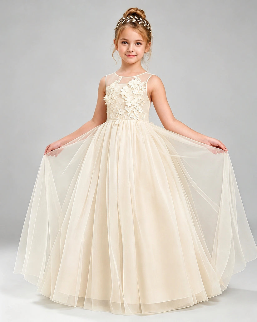 Champagne Tulle A-line Flower Girl Dress Front View