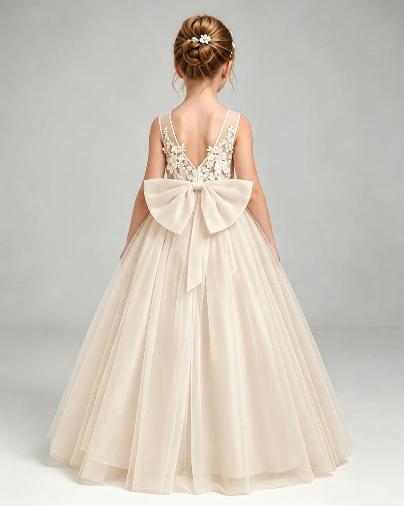 Champagne Tulle A-line Flower Girl Dress Back View