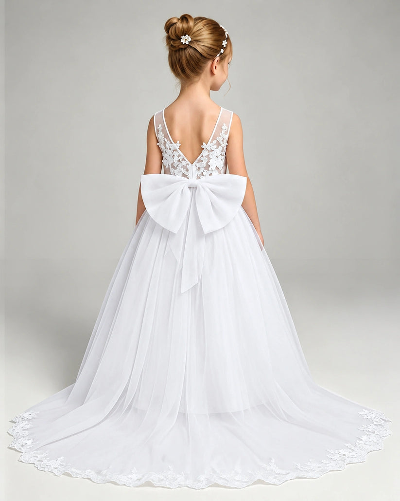 White Tulle A-line Flower Girl Dress Back View