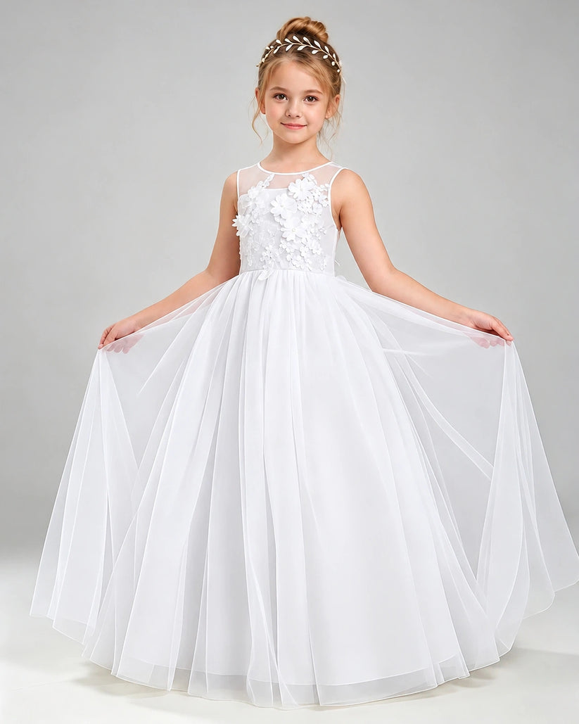 White Tulle A-line Flower Girl Dress Front View