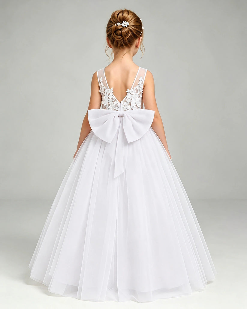 White Tulle A-line Flower Girl Dress Back View