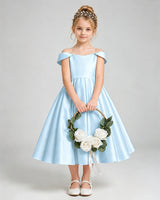 Baby Blue Satin A-line Flower Girl Dress Front View