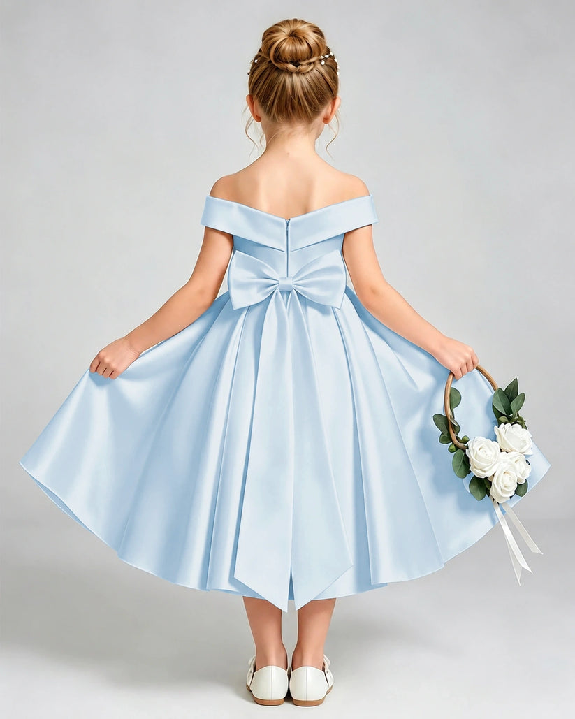 Baby Blue Satin A-line Flower Girl Dress Back View