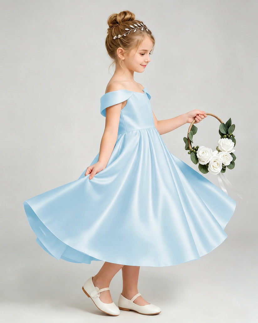 Baby Blue Satin A-line Flower Girl Dress Side View