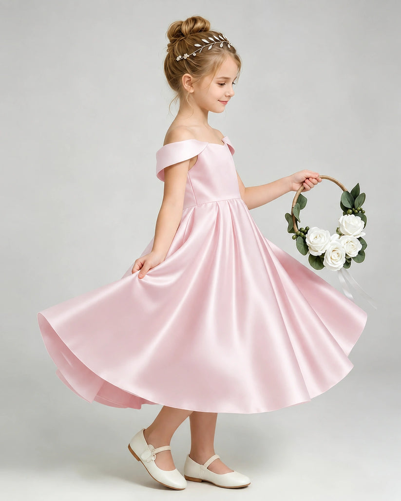 Blush Pink Satin A-line Flower Girl Dress Side View