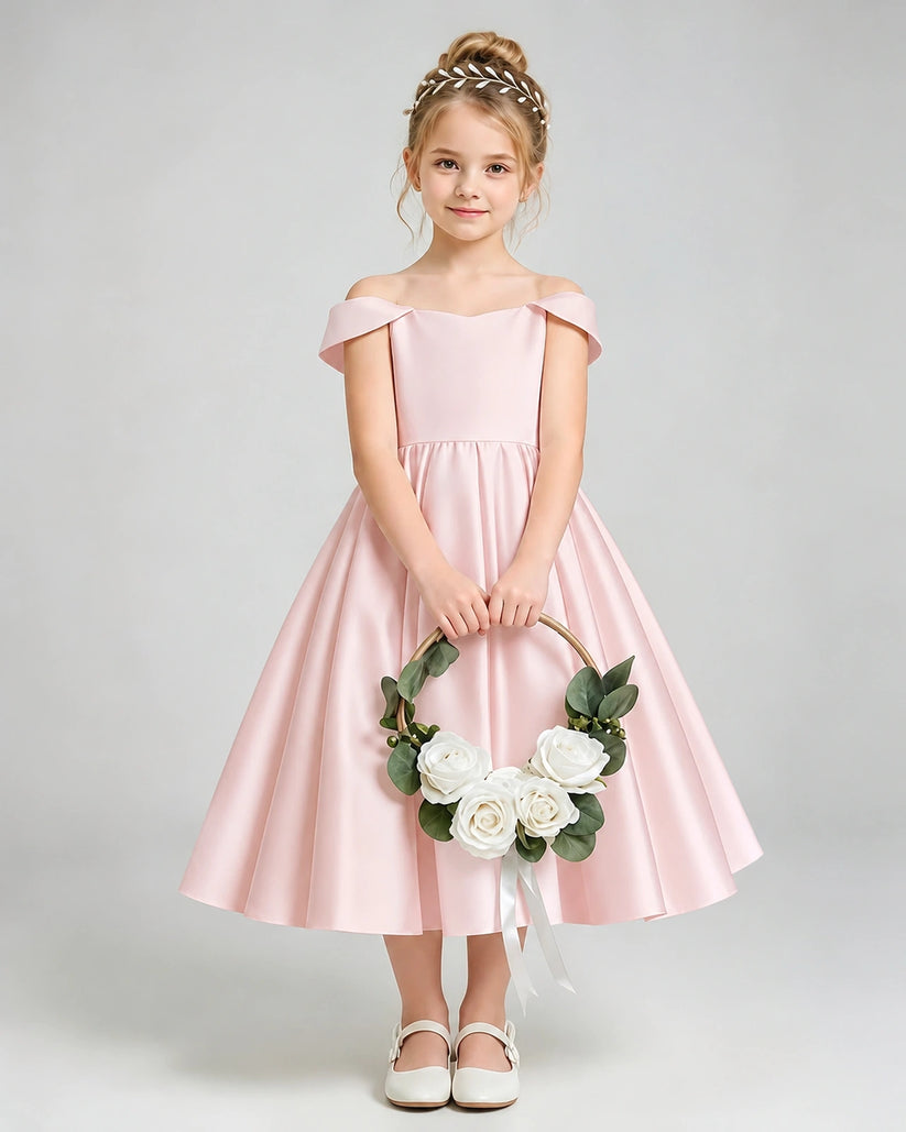 Blush Pink Satin A-line Flower Girl Dress Front View