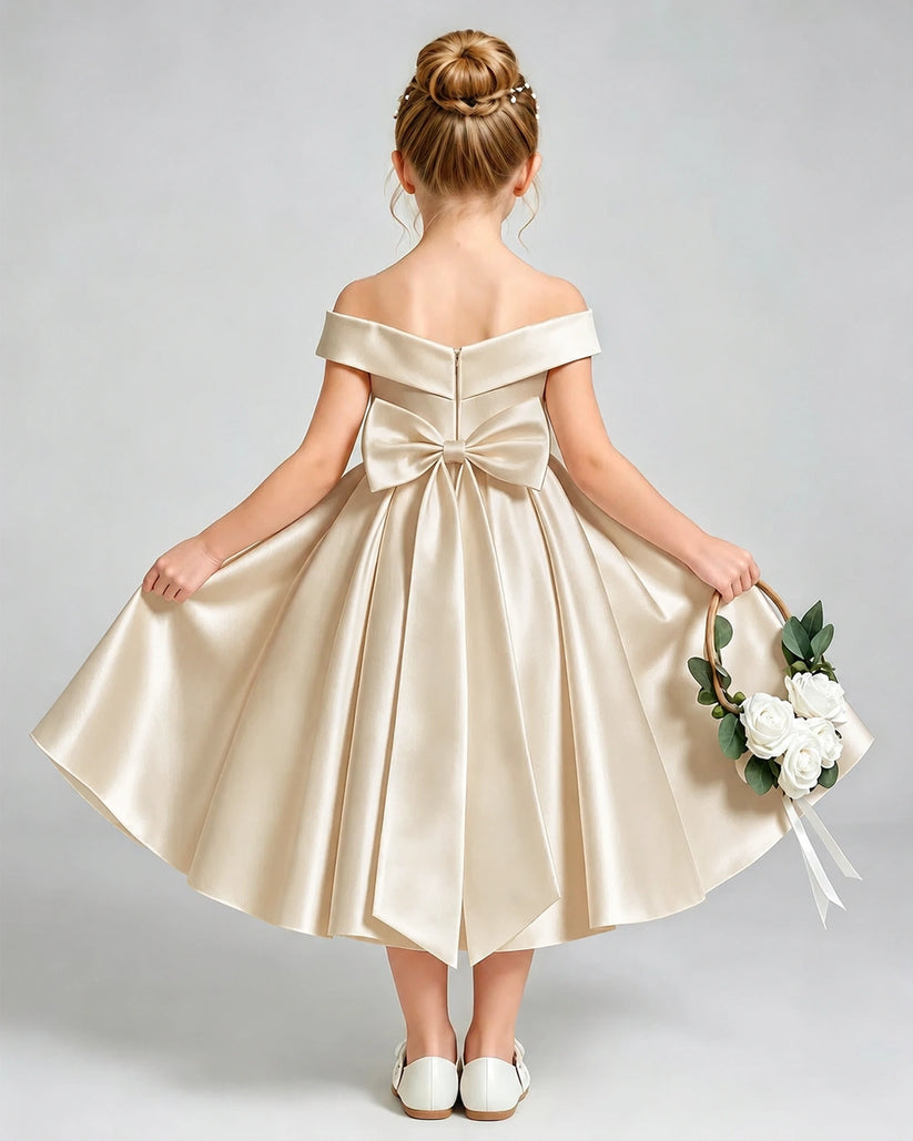 Champagne Satin A-line Flower Girl Dress Back View