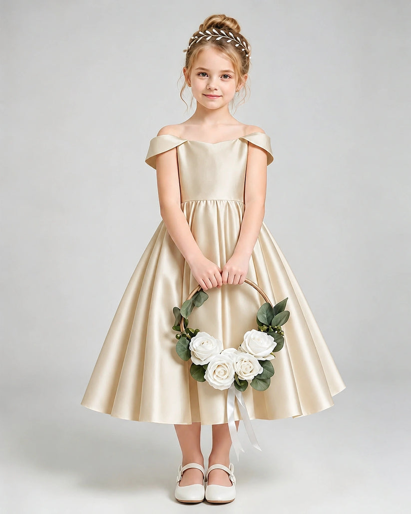 Champagne Satin A-line Flower Girl Dress Front View