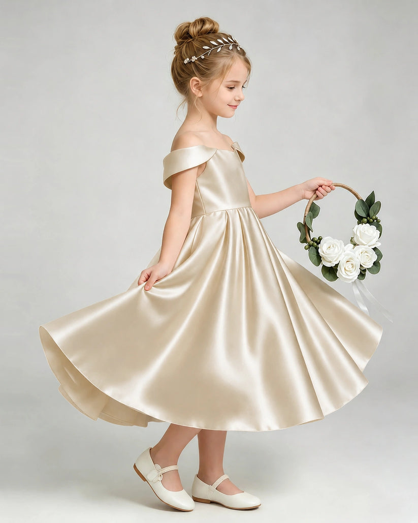 Champagne Satin A-line Flower Girl Dress Side View