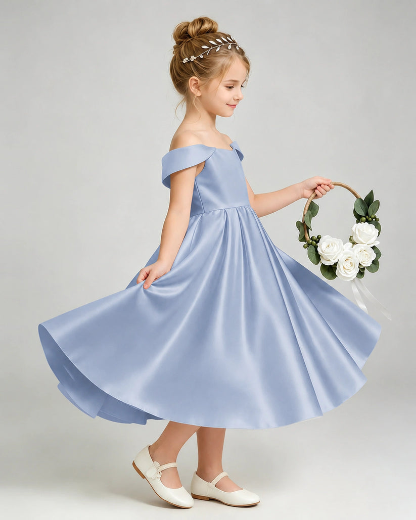 Dusty Blue Satin A-line Flower Girl Dress Side View