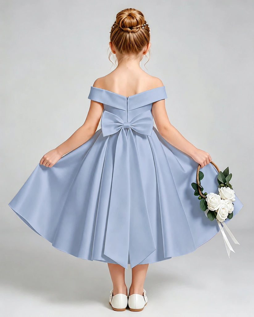 Dusty Blue Satin A-line Flower Girl Dress Back View