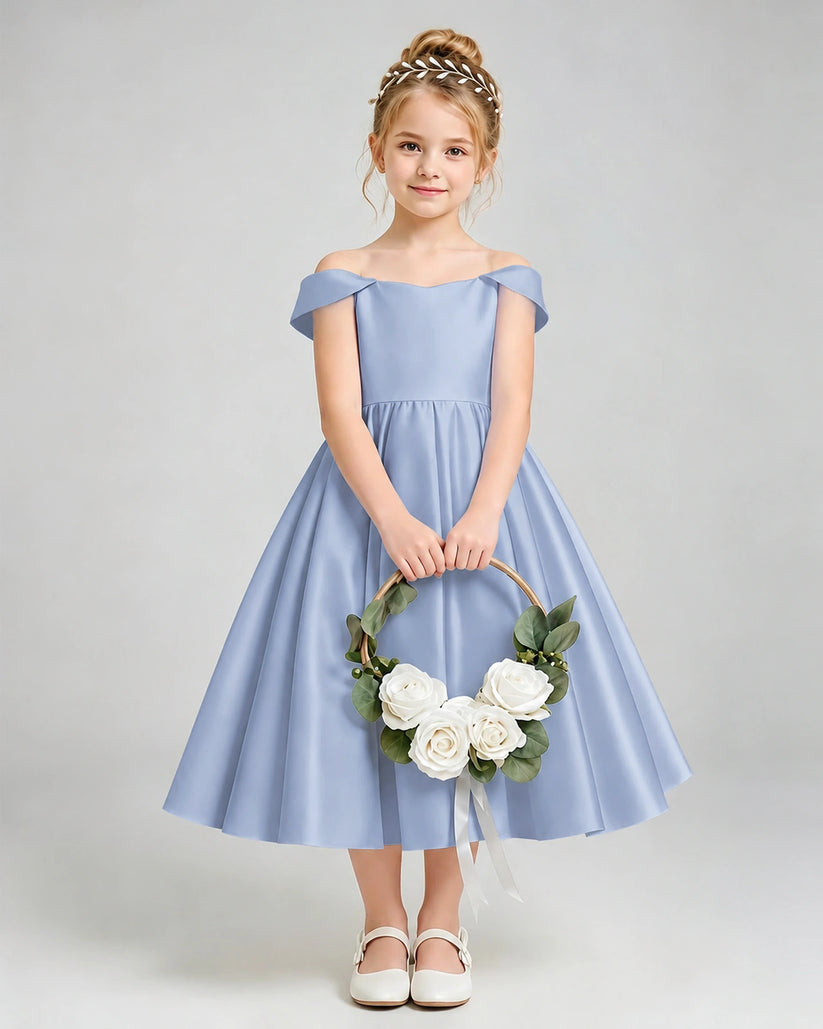 Dusty Blue Satin A-line Flower Girl Dress Front View
