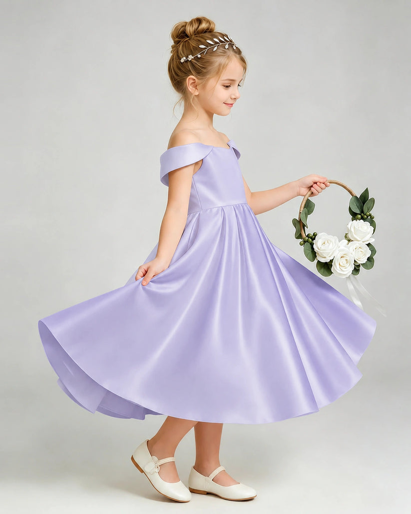 Lavender Satin A-line Flower Girl Dress Side View