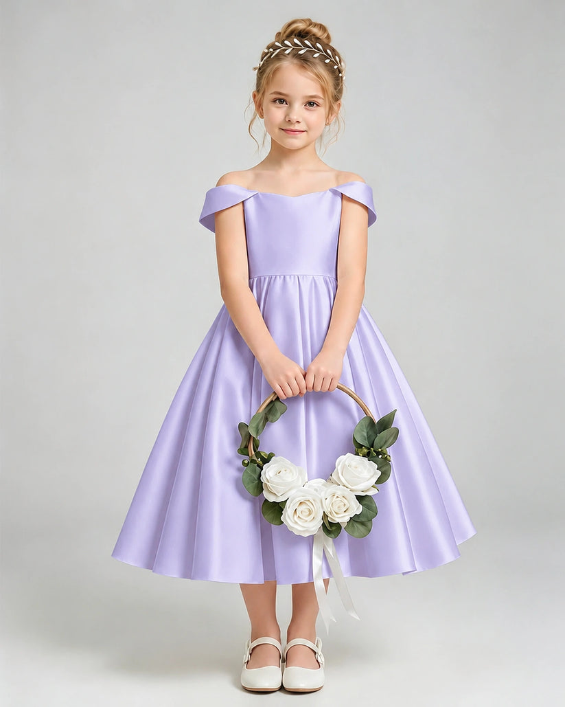 Lavender Satin A-line Flower Girl Dress Front View