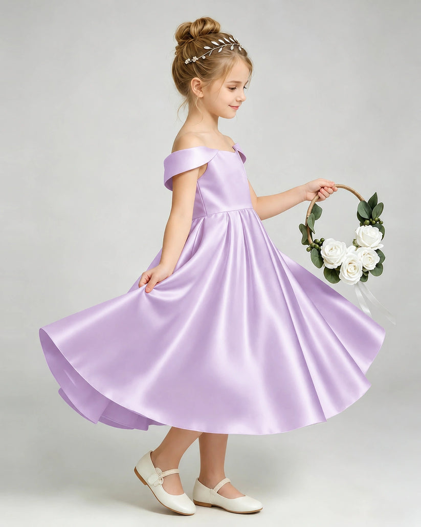 Lilac Satin A-line Flower Girl Dress Side View
