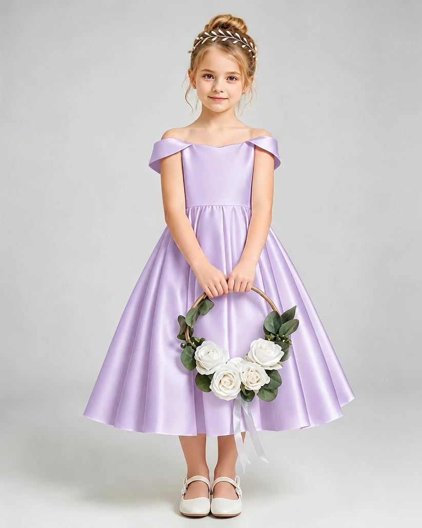 Lilac Satin A-line Flower Girl Dress Front View