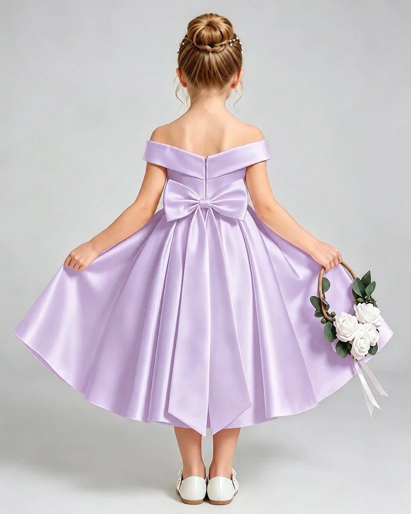 Lilac Satin A-line Flower Girl Dress Back View