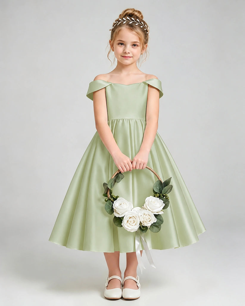 Sage Green Satin A-line Flower Girl Dress Front View