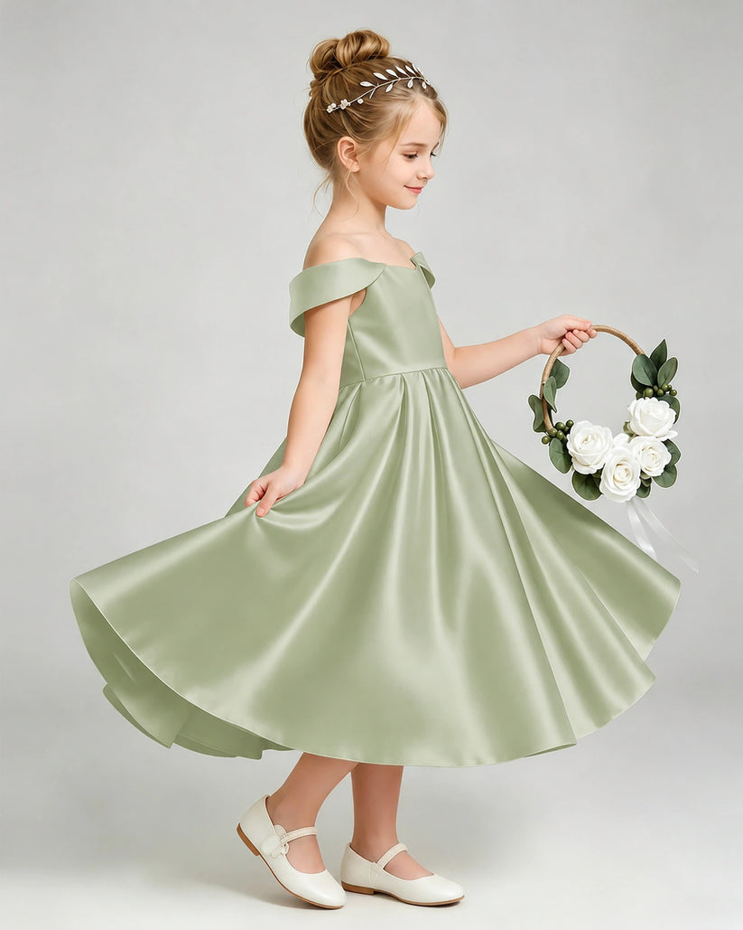 Sage Green Satin A-line Flower Girl Dress Side View