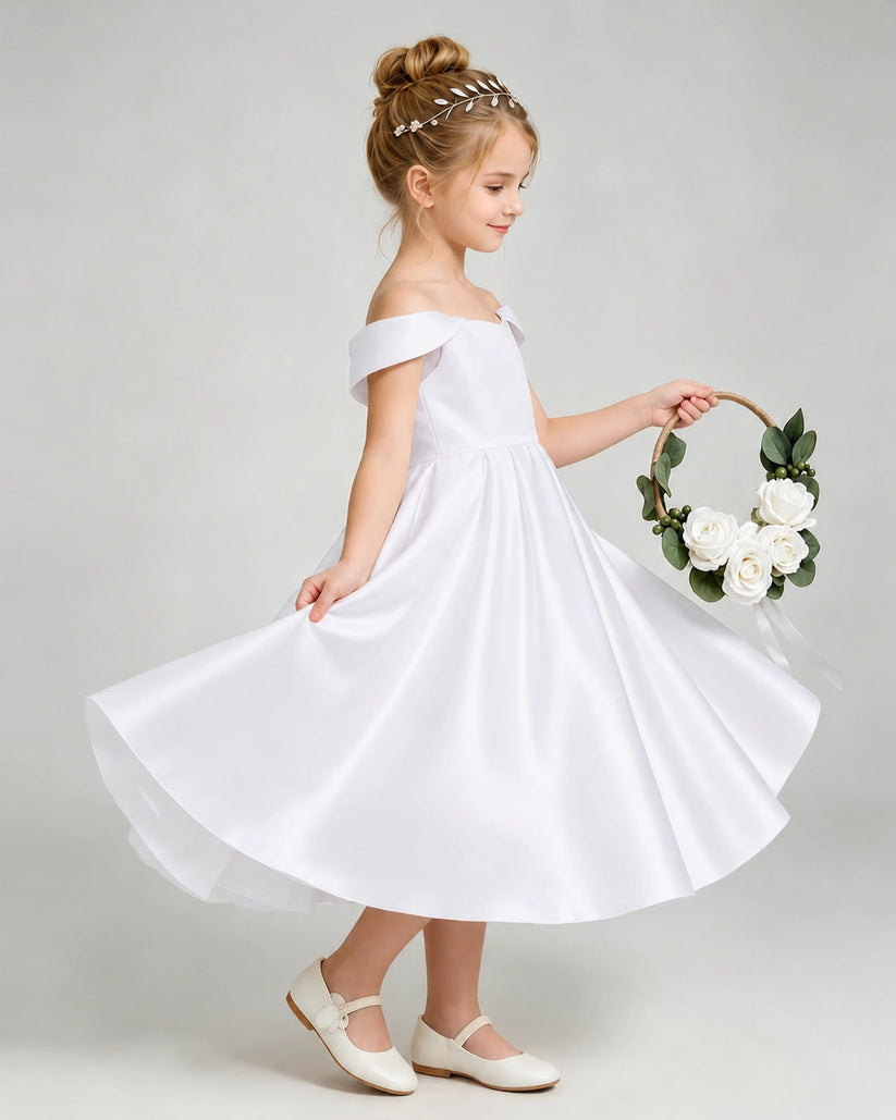 White Satin A-line Flower Girl Dress Side View