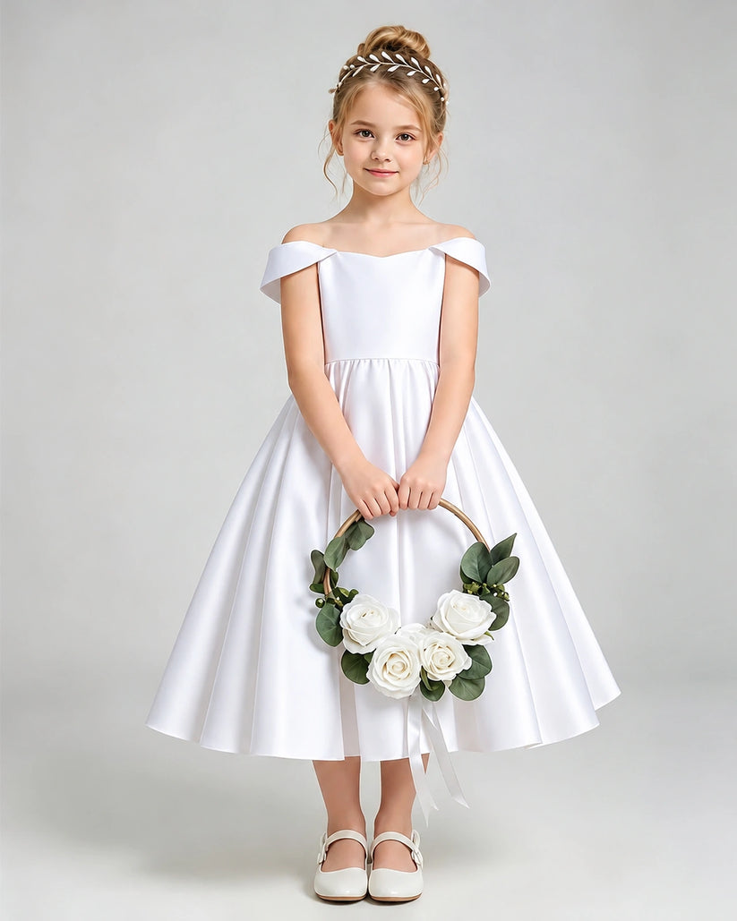 White Satin A-line Flower Girl Dress Front View