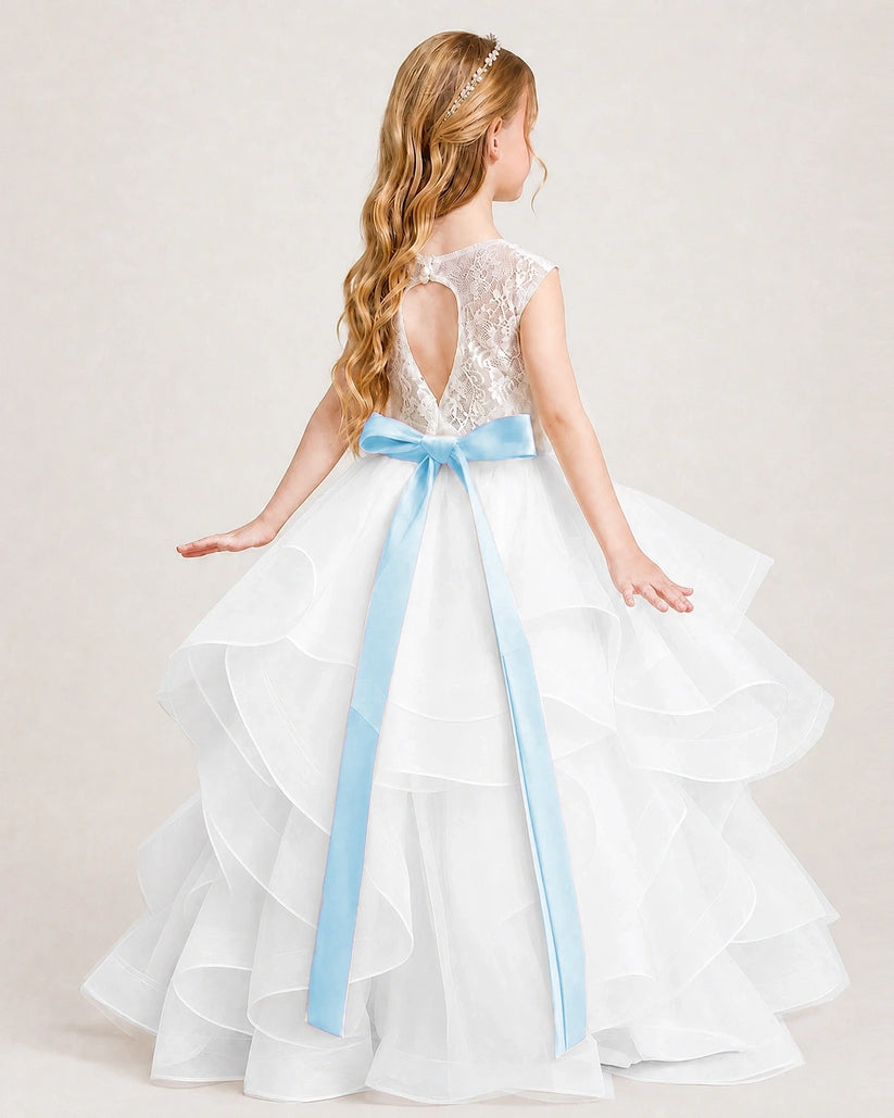 Baby Blue Tulle Ball Gown Girls Formal Dress Back View