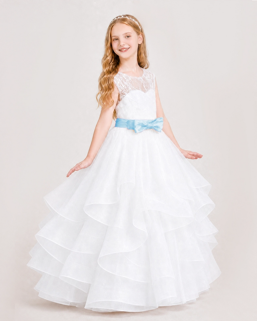 Baby Blue Tulle Ball Gown Girls Formal Dress Front View