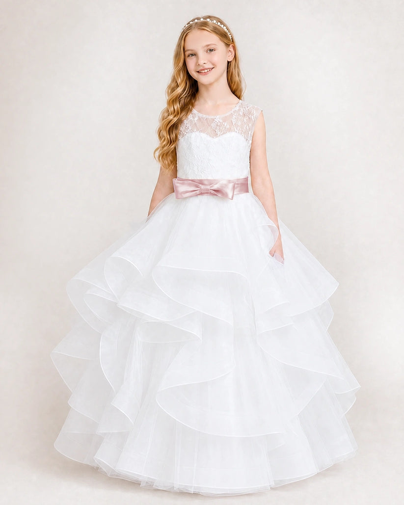 Blush Pink Tulle Ball Gown Girls Formal Dress Front View