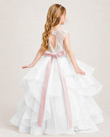 Blush Pink Tulle A-line Girls Formal Dress Back View