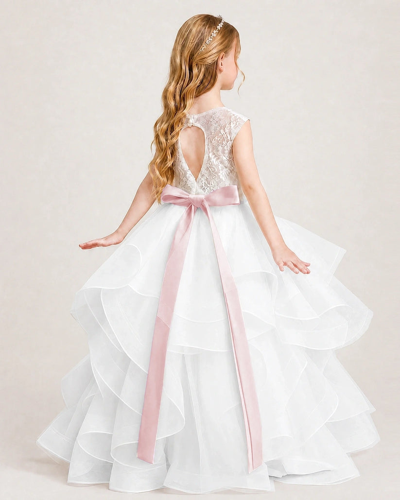 Blush Pink Tulle A-line Girls Formal Dress Back View
